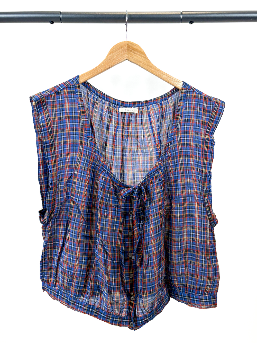 PF-1015 Doen Roselle Cotton Tie Ribbon Button Crop Top Azure French Plaid Blue